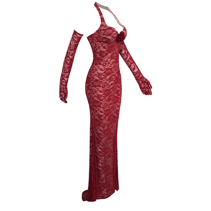 2024 New Floral Embroidery V-neck Halter Dress Slim Mesh Red Long Women Dress Evening Gown