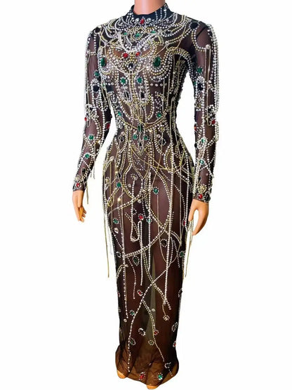 Ocstrade High Quality Luxury Women Stage Dress Long Sleeves Pearls Tassel Beading Crystal Mesh See Through Performance Dress