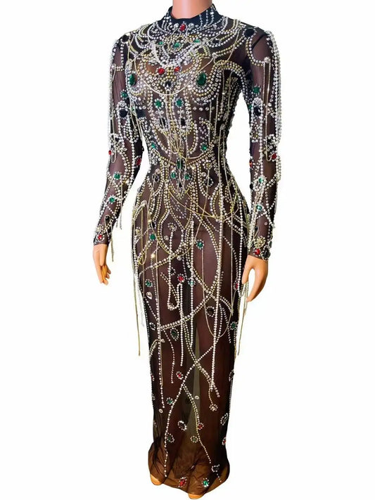 Ocstrade High Quality Luxury Women Stage Dress Long Sleeves Pearls Tassel Beading Crystal Mesh See Through Performance Dress