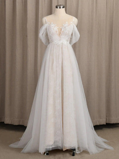 4247# Real Photos Appliques Wedding Dress O-Neck Lace Short Sleeve Illusion Straps Back A-Line Ruched Tulle  Bridal Gown