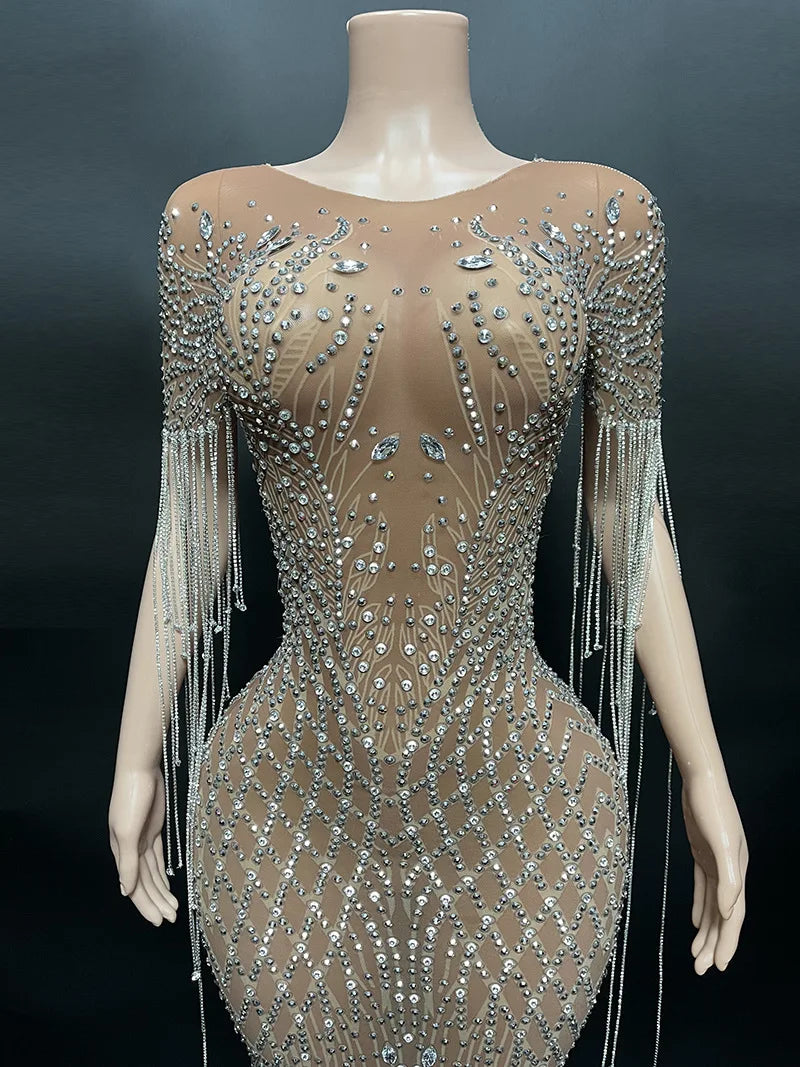 2026 Summer Vintage Drop Shipping Sexy Shiny Diamond Brown Sheer Bling Dress Long Gown for Evening Party Dress