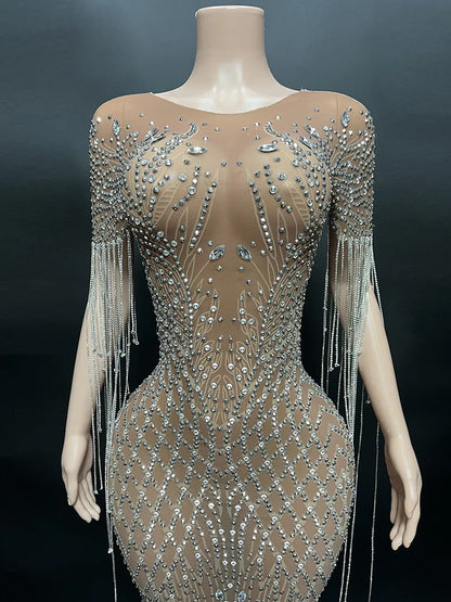 2026 Summer Vintage Drop Shipping Sexy Shiny Diamond Brown Sheer Bling Dress Long Gown for Evening Party Dress