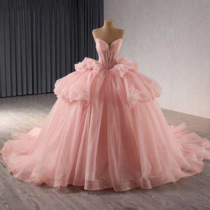Glitter Pearls Pink Quinceanera Dresses Puff Sleeves Ball Gowns Sweet 15 16 Birthday Dress Rsm241101