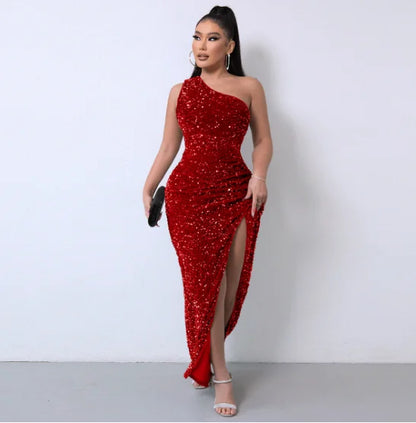 Liu Ming High End Sexy One Shoulder Backless Club Party High Split Sleeveless Elegant Sequin Long Bodycon Dress for Women