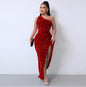 Liu Ming High End Sexy One Shoulder Backless Club Party High Split Sleeveless Elegant Sequin Long Bodycon Dress for Women