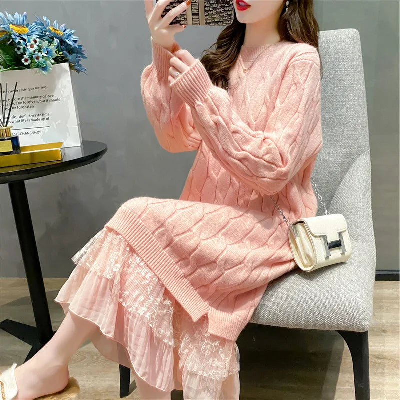 Wholesale 2026 Autumn and Winter New Lace Stitching Sweater Dress Women Loose Elegant Temperament Women Dress