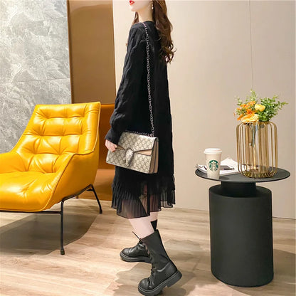 Wholesale 2026 Autumn and Winter New Lace Stitching Sweater Dress Women Loose Elegant Temperament Women Dress
