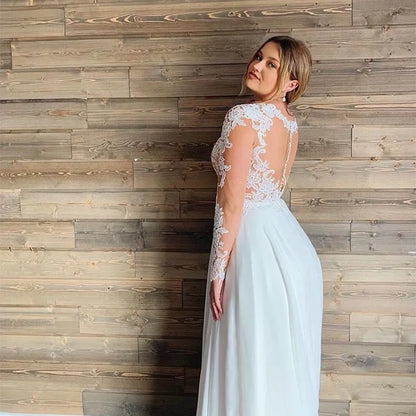 FA201 Plus Size Wedding Dresses Long Sleeves Chiffon Sheer Lace Applique V-neck Full Length White Beach Bridal Dress