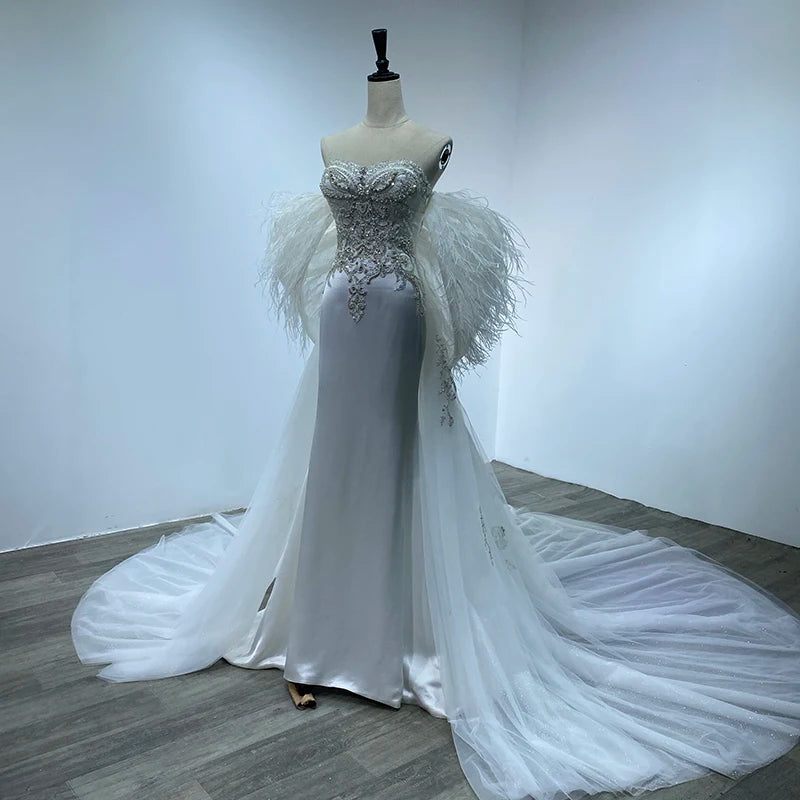 Off Shoulder Detachable Tail Wedding Dress Beaded Pearls Bridal Gown Sequined Feather Backless Gown Wm22