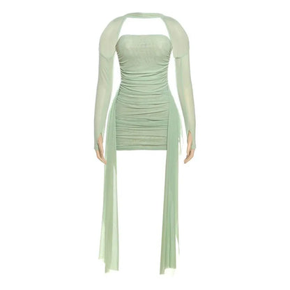 Valentine Mesh Women Mini Dress Fashion Solid Strapless Ribbons Tassel Body-shaping Vestidos+Seperately Full Sleeve Gloves