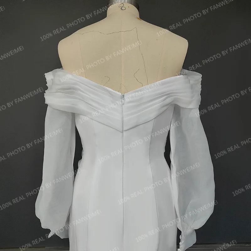 Real Photos Off Shoulder Lantern Sleeves Sheath Soft Satin Ruched Sweep Train Wedding Dress Low Back Bridal Gown for Women