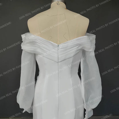 Real Photos Off Shoulder Lantern Sleeves Sheath Soft Satin Ruched Sweep Train Wedding Dress Low Back Bridal Gown for Women