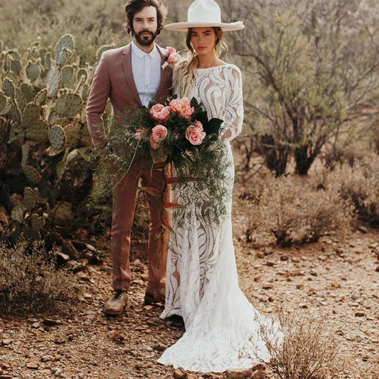 #4053 New Elegant Lace Bateau Long Sleeves Boho Wedding Dress Backless Plus Size Rustic Bridal Photoshoot Gown