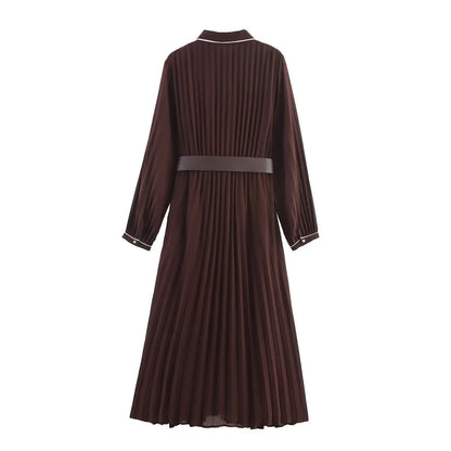 Style Chiffon High Waist Belted Ruched Midi Dress-Fashion Trend Versatile Design