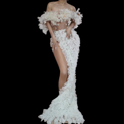 Sexy Off Shoulder Crystal Top Skirt 2 Piece Set Birthday Wedding Guest Dress High Slit Banquet Party Dress Women Festival Outfit