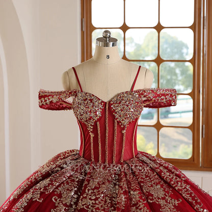 Red Quinceanera Dress Prom Burgundy and Gold Applique Tulle Princess Dress Sweet 15 Year Old Party Dress Wc042-2