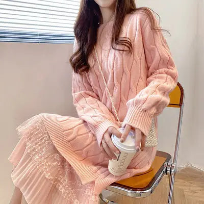 Wholesale 2026 Autumn and Winter New Lace Stitching Sweater Dress Women Loose Elegant Temperament Women Dress