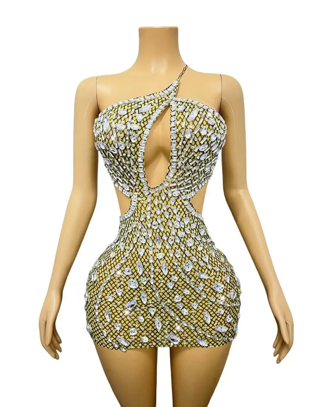 Sexy Diamond Birthday Banquet Dress Lady Cut Out Dinner Gown Women Backless Rhinestone Prom Mini Dress Night Club Party Dress