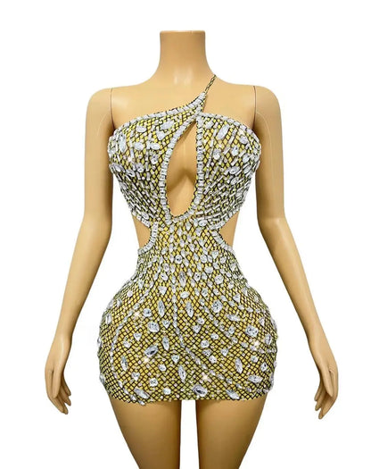 Sexy Diamond Birthday Banquet Dress Lady Cut Out Dinner Gown Women Backless Rhinestone Prom Mini Dress Night Club Party Dress