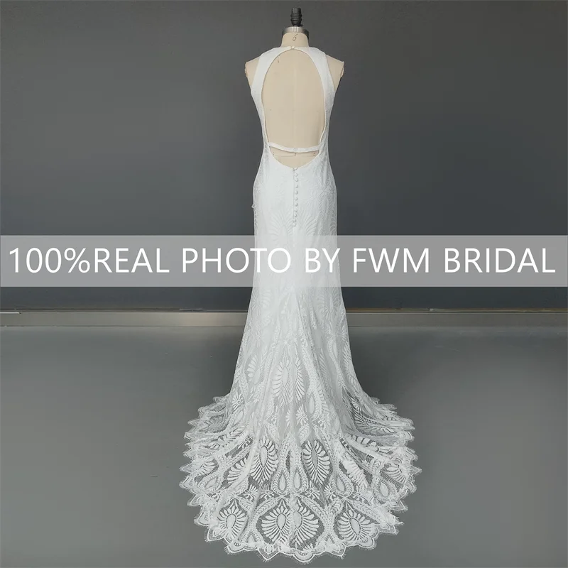 8406# Real Photos Elegant Sleeveless O-neck Sheath Wedding Dress Backless Sweep Train Bridal Gown for Women Custom Made Boho