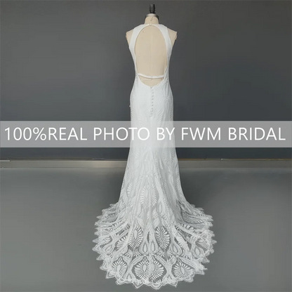 8406# Real Photos Elegant Sleeveless O-neck Sheath Wedding Dress Backless Sweep Train Bridal Gown for Women Custom Made Boho