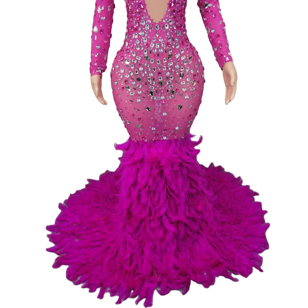Elegant Pink Diamond Formal Birthday Cocktail Evening Dress Long Tail Ball Gown Women Feathers Pageant Party Prom Mermaid Dress