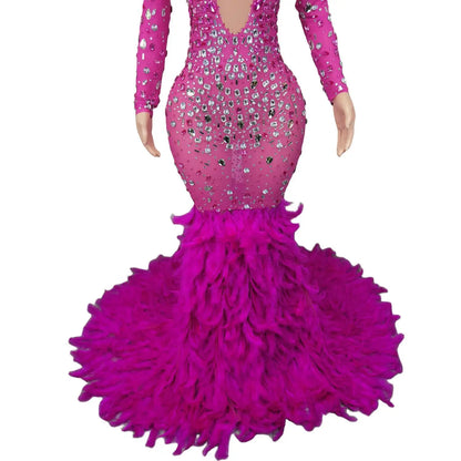Elegant Pink Diamond Formal Birthday Cocktail Evening Dress Long Tail Ball Gown Women Feathers Pageant Party Prom Mermaid Dress