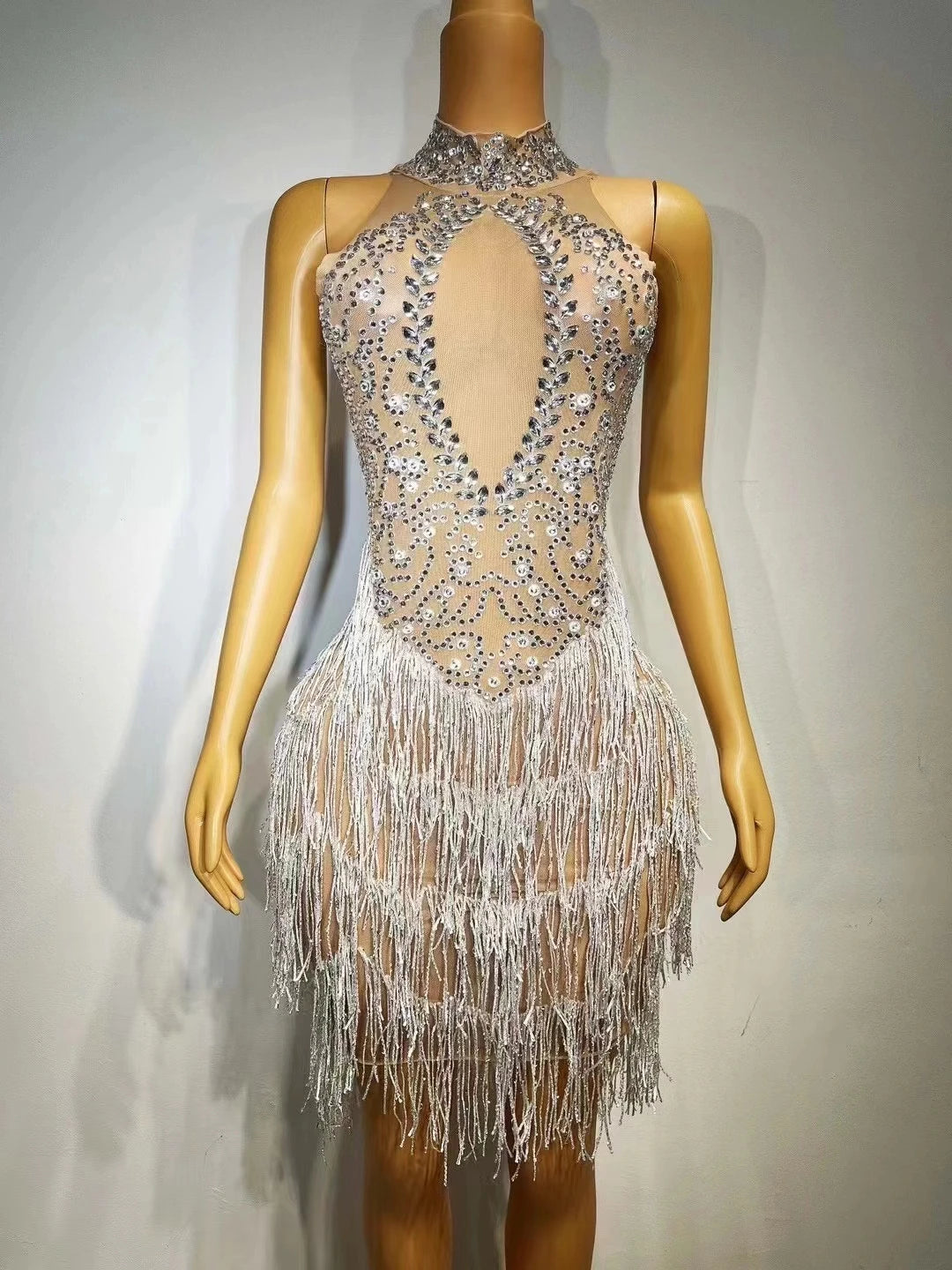 Elegant Rhinestone Tassel Short Birthday Prom Dress Lady Dancer Costume Formal Party Evening Dresses Women Night Club Dress