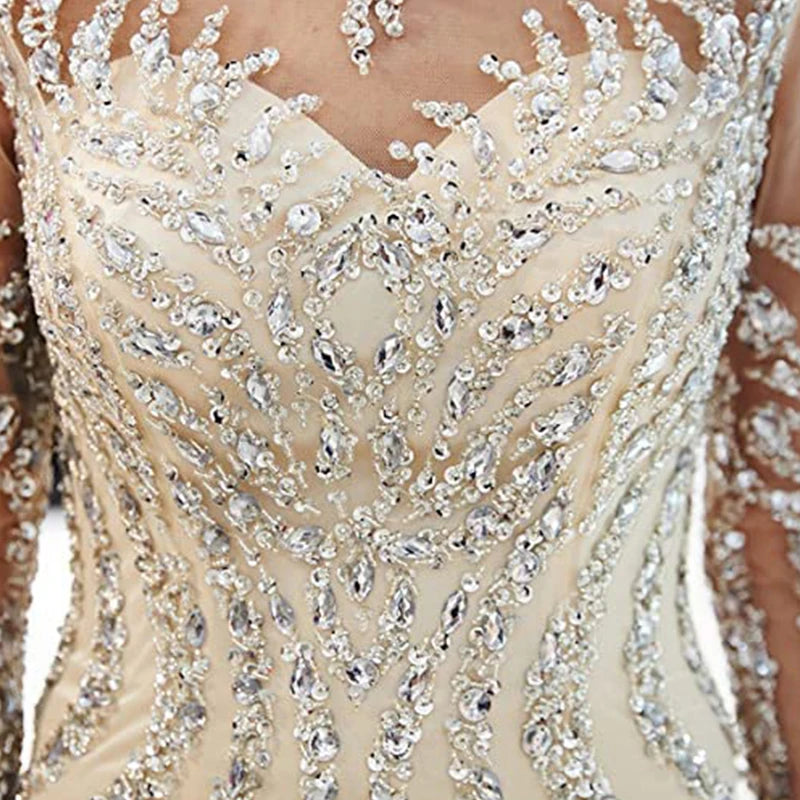 13878# Sparkle Crystal Mermaid Wedding Dress Luxury Long Sleeve Scoop Neck Bridal Gown for Women Zipper Sweep Train