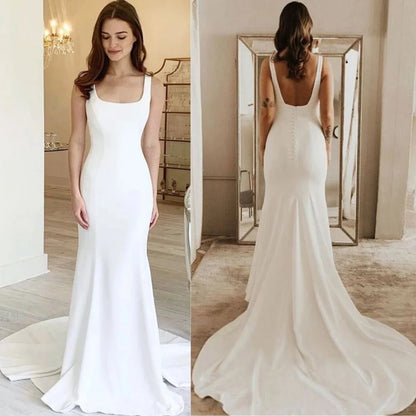 11896# Bohemian Sleeveless Wedding Dress Square Neckline Sweep Train Soft Satin Backless Simple Wedding Dress Bridal Gown