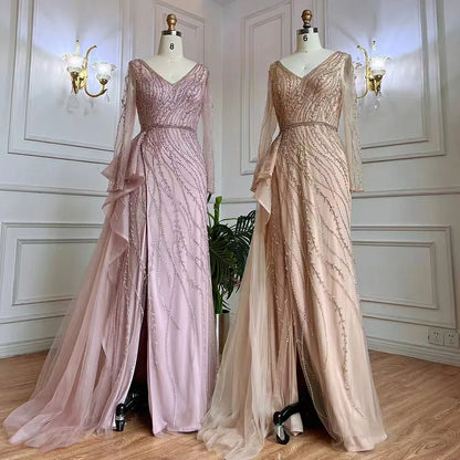 Feishiluo  Luxurious Split Mermaid Evening Dress  Sexy V-neck  Handmade Beaded Prom Dress