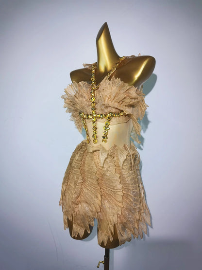 Designer Gold Ruffles Rhinestone Dinner Prom Dress Party Stage Dancer Clothes Ladies Birthday Dress Women Mini Night Club Dress