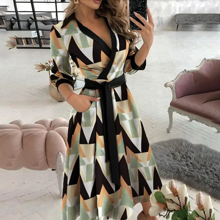 New Woman Clothes  Fashionable Long-sleeved V-neck Printed Hip-hugging Dress for Women Lapel Shirt Dress  With High Quality