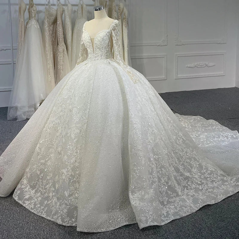 Jancember LSB062 Exquisite V-neck Long Sleeves Lace up Ball Wedding Dress 2023