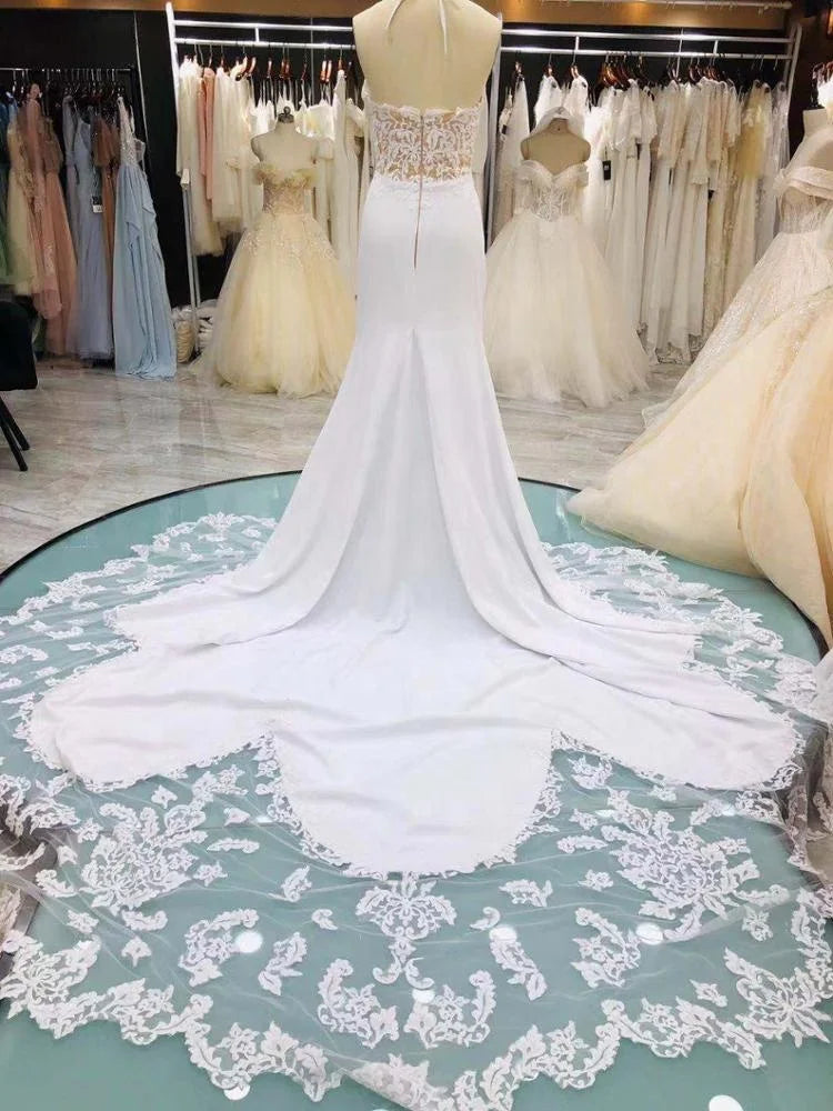 6264# Real Photos Spaghetti Strap Sleeveless Mermaid Deep V-Neck Satin Lace Open Back Bridal Wedding Dress Gown