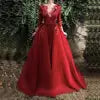 EV059 New Burgundy Long Evening Gown Long Sleeve Sequin Flowers Dubai Kaftan Saudi Arabic Elegant Formal Dress Muslim Evening