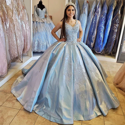 QD1522 Light Blue Quinceanera Dress 2022 V-Neck Sequins Beads Lace Backless Party Princess Sweet 16 Ball Gown