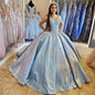 QD1522 Light Blue Quinceanera Dress 2022 V-Neck Sequins Beads Lace Backless Party Princess Sweet 16 Ball Gown