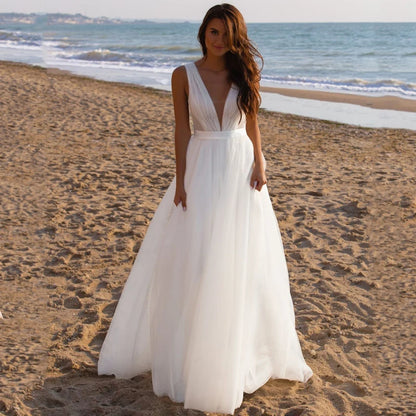 13388#Simple Tulle Sleeveless V Neck A-Line Wedding Dress Sweep Train Elegant Backless Wedding Dress Bridal Gown Evening Dress