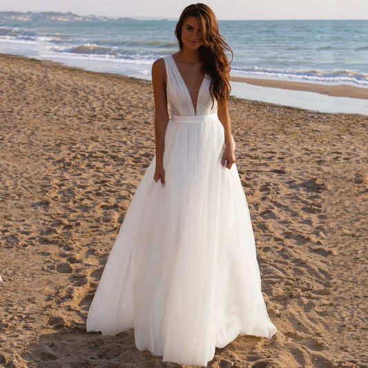 13388#Simple Tulle Sleeveless V Neck A-Line Wedding Dress Sweep Train Elegant Backless Wedding Dress Bridal Gown Evening Dress