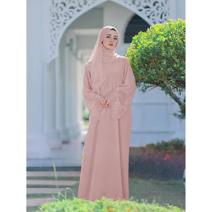 2025 Spring New Middle Eastern Women Clothing Muslim Women Robe With Lace Sleeves Malay Indonesian Dress With Headscarf Hijab