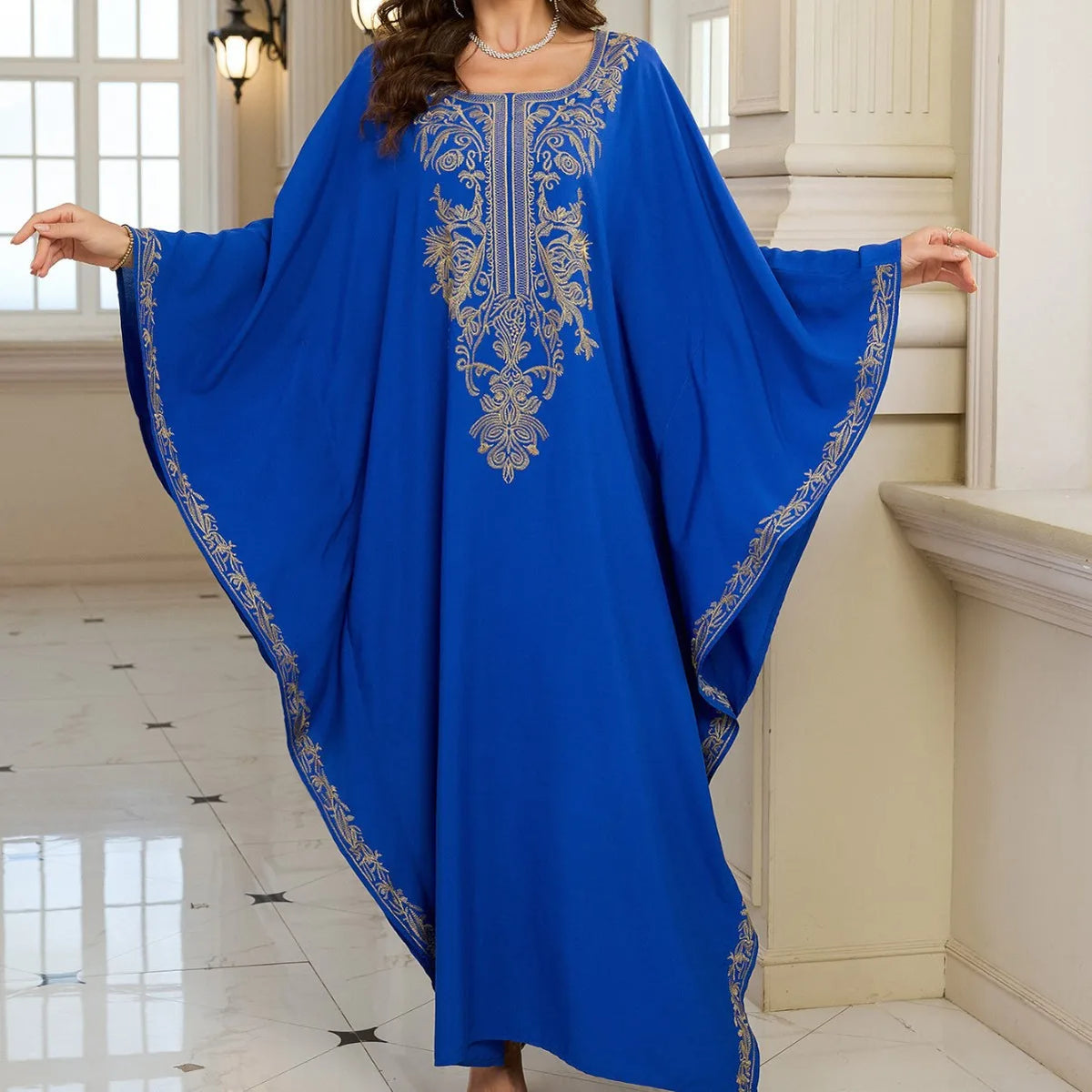 Beach Abaya in Rayon with Gold Embroidery and Batwing Sleeves for Vacation Available on for (24 Colors) L4125
