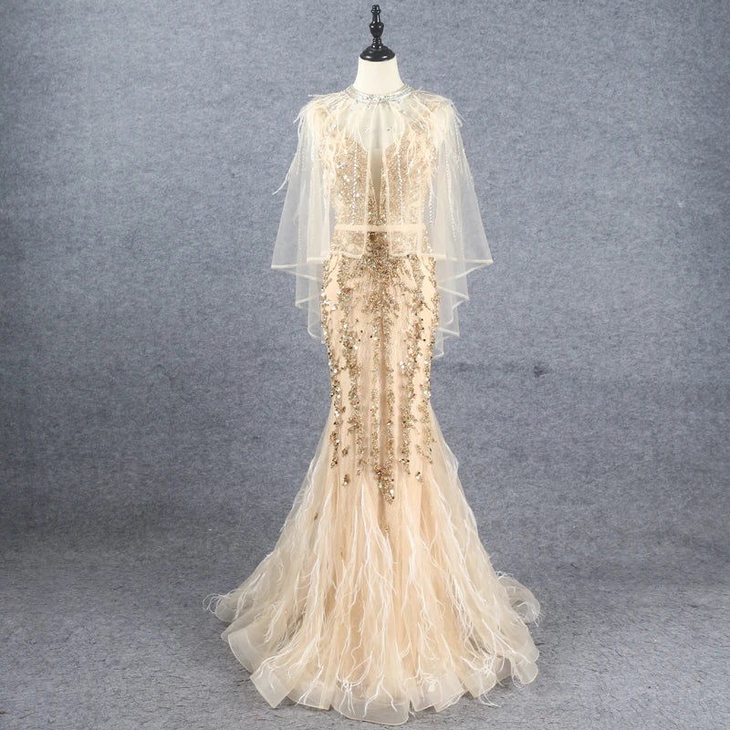 Feishiluo Luxurious Evening Dress Mermaid Sexy Prom Dresses with Feather Bead Champagne Rhinestone Plus Size Mother Bride Shawl