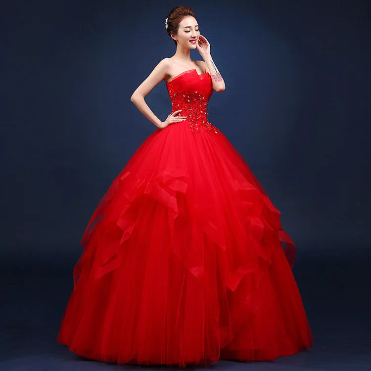 2022 Latest Strapless Red Champagne Blue Green and Ivory Beaded Flower Embellished Plus Size Puffy Wedding Evening Party Dress