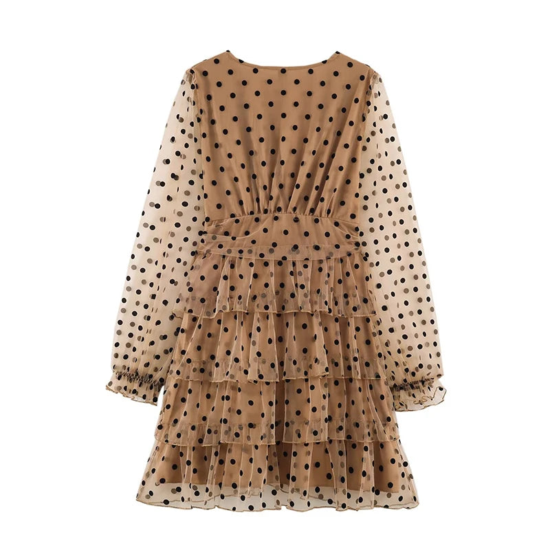 ZATRHMBM 2026 Spring/Summer New Fashion Women's Polka Dot V-Neck Dress Retro Casual Elegant Long-Sleeved Dress