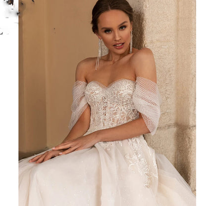13409#Bohemian Off-Shoulder A-Line Wedding Dresses Backless Short Sleeve Sweep Train Sweetheart Sparkle Lace Wedding Bridal Gown
