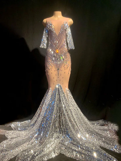 Elegant See Through Glitter Sequins Rhinestone Wedding Party Ball Gowns for Women Prom Trailing Dress Mermaid Evening Dresses