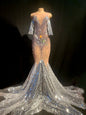 Elegant See Through Glitter Sequins Rhinestone Wedding Party Ball Gowns for Women Prom Trailing Dress Mermaid Evening Dresses