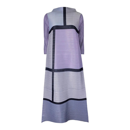 Miyake Pleated New Summer Loose European Contrast Color Women's Casual Long Dress