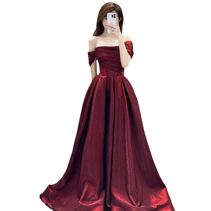 Summer New Red Satin High Quality Silky One Shoulder Sexy Simple Waist Elegant Wedding Dress